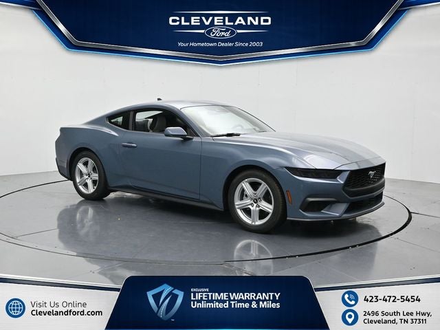 2026 Ford Mustang EcoBoost in Vapor Blue Metallic — front three-quarter view