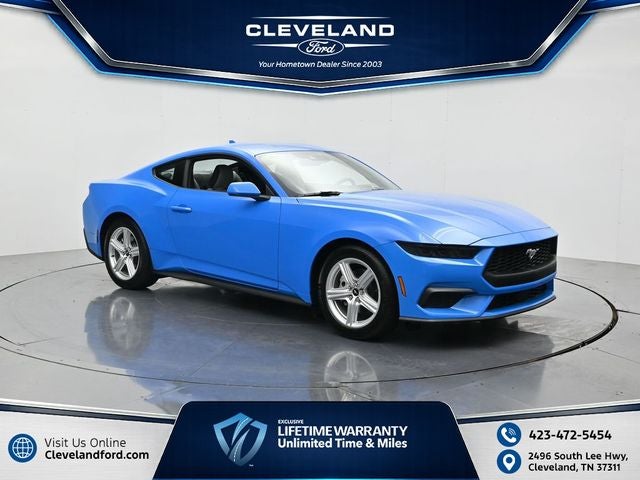 2026 Ford Mustang EcoBoost in Grabber Blue Metallic — front three-quarter view