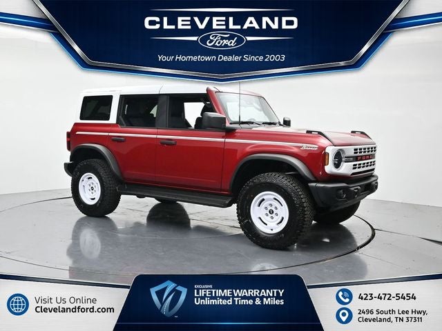 2026 Ford Bronco Heritage Edition in Ruby Red Metallic Tinted Clearcoat — front three-quarter view