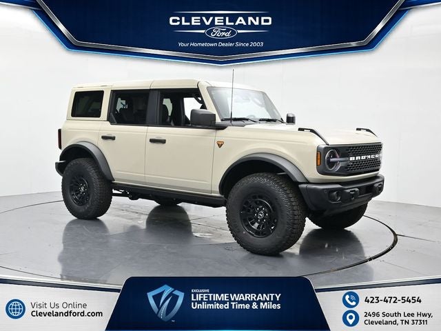 2026 Ford Bronco Badlands in Desert Sand — front three-quarter view