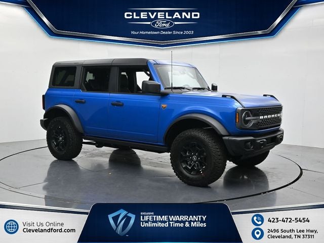 2026 Ford Bronco Badlands in Blue Metallic — front three-quarter view