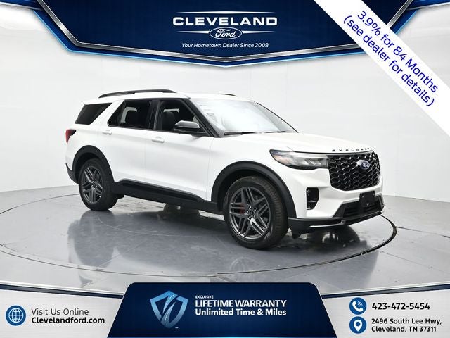 2026 Ford Explorer ST in Star White Metallic Tri-Coat — front three-quarter view