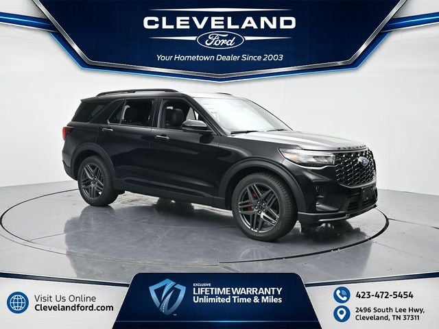 2026 Ford Explorer ST in Agate Black Metallic — front three-quarter view