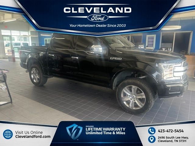 2018 Ford F-150 Platinum in Shadow Black — front three-quarter view