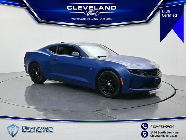 2019 Chevrolet Camaro 1LS in Riverside Blue Metallic — front three-quarter view