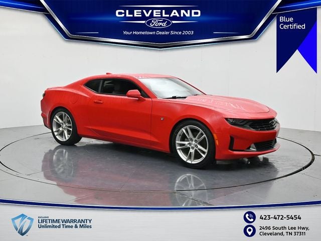 2020 Chevrolet Camaro 1LT in Red Hot — front three-quarter view