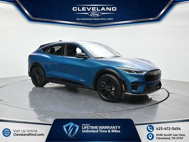 2026 Ford Mustang Mach-E Premium in Adriatic Blue Metallic — front three-quarter view