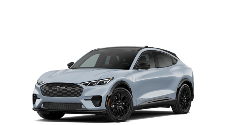 2026 Ford Mustang Mach-E Premium in Glacier Gray Metallic Tri-Coat — front three-quarter view